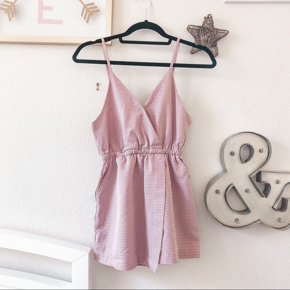 Pink checkered dress romper